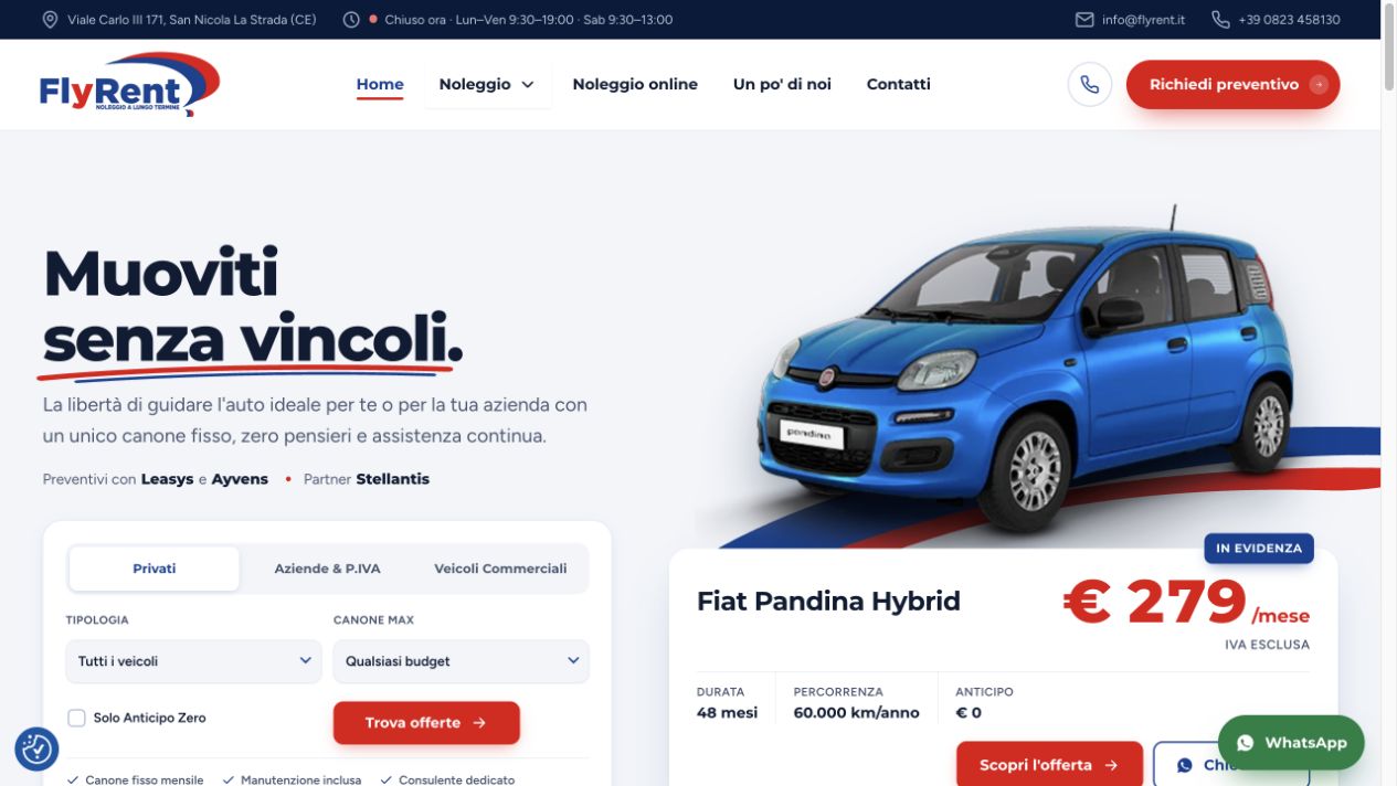 Anteprima della homepage FlyRent, progetto web di Angelo Raucci